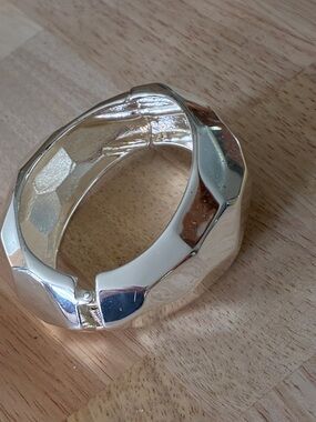 Chunky Faceted Hinged Bangle Bracelet - Silver Tone